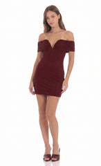 Off-Shoulder Embellished Mini Dress in Burgundy
