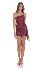 Foil Mesh One Shoulder Tassel Dress in Burgundy