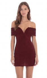 Off-Shoulder Embellished Mini Dress in Burgundy