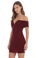Off-Shoulder Embellished Mini Dress in Burgundy