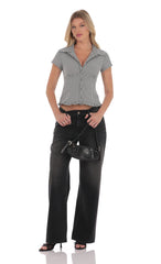 Button-Up Ruffle Top in Black Gingham