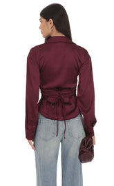 Satin Button-Up Shirt in Burgundy