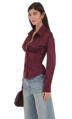 Satin Button-Up Shirt in Burgundy