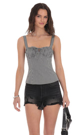 Ruched Gingham Top in Black and White