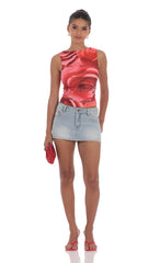 Mesh Rose High Neck Top in Red