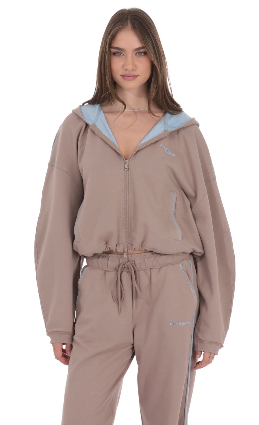 Two-Toned Cropped Hoodie in Taupe