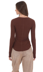 Textured Ribbed Button Top in Brown