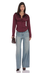 Satin Button-Up Shirt in Burgundy
