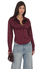 Satin Button-Up Shirt in Burgundy