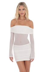 Rhinestone Mesh Off Shoulder Dress in White