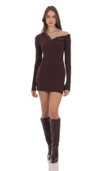 Off Shoulder Henley Dress in Brown