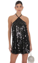 Circle Sequin Halter Shift Dress in Black