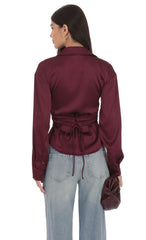 Satin Button-Up Shirt in Burgundy