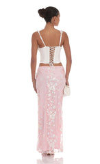 Sequin Floral Mesh Maxi Skirt in Pink