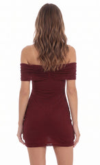 Off-Shoulder Embellished Mini Dress in Burgundy